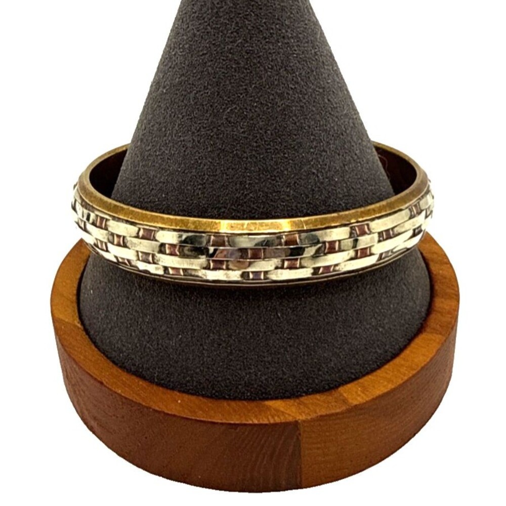 Vintage Basket Weave Bangle Bracelet Copper Brass Silver 8"